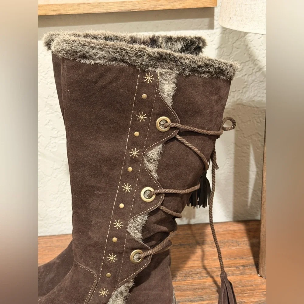 BUCCO CAPENSIS Noeles Brown SIDE ZIP KNEE HIGH BOOTS FAUX FUR TRIM Sz  10